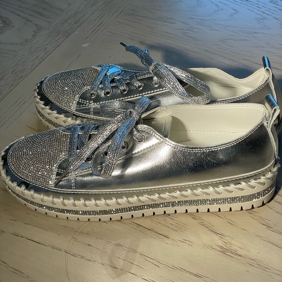 Metallic Silver Rhinestone Platform Sneakers with Espadrille Like Sole Size 8.5 - Picture 6 of 8